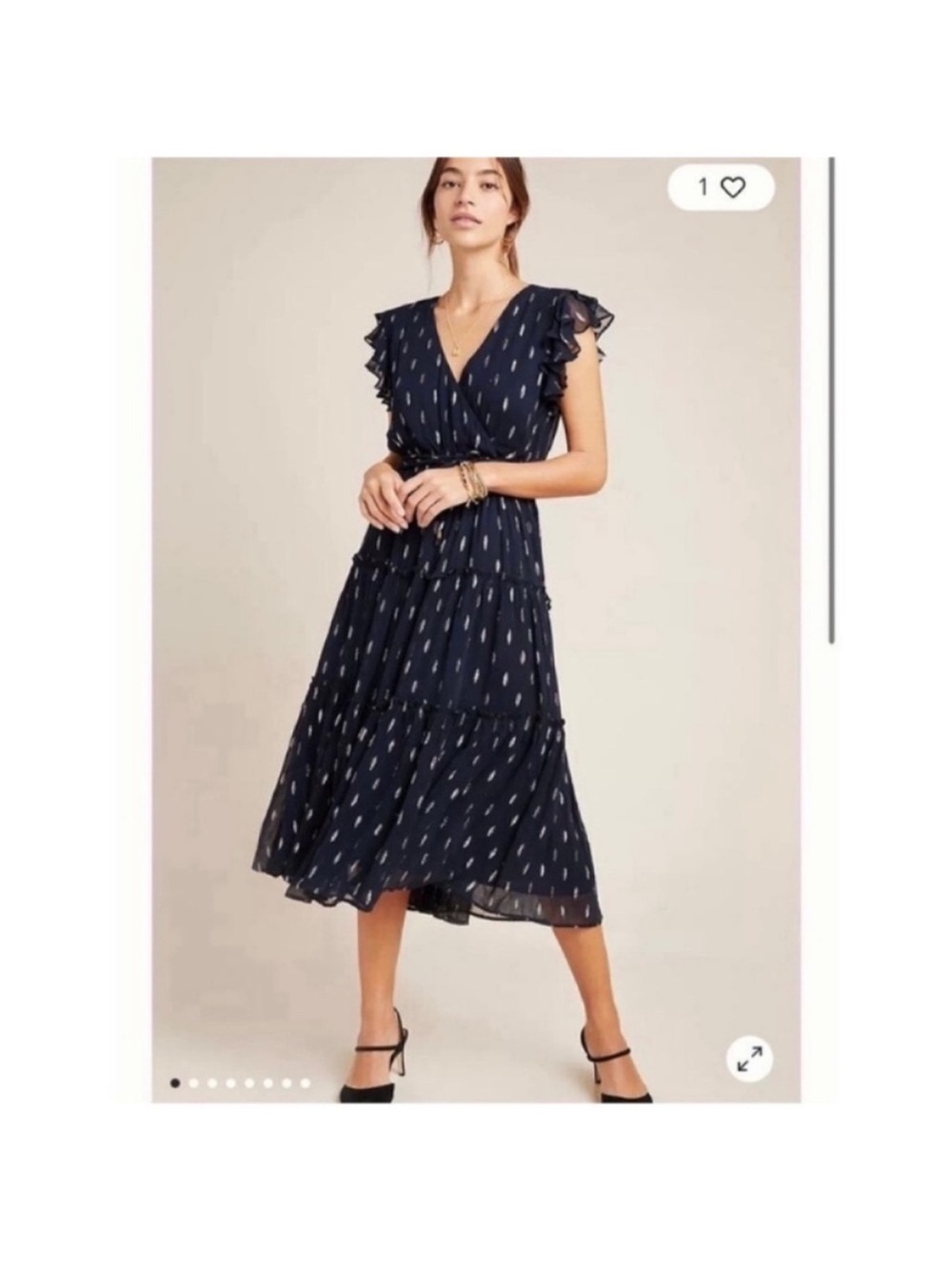 Anthropologie Midnight Shimmer Metallic Accent Tiered Midi Dress Flutter sleeve